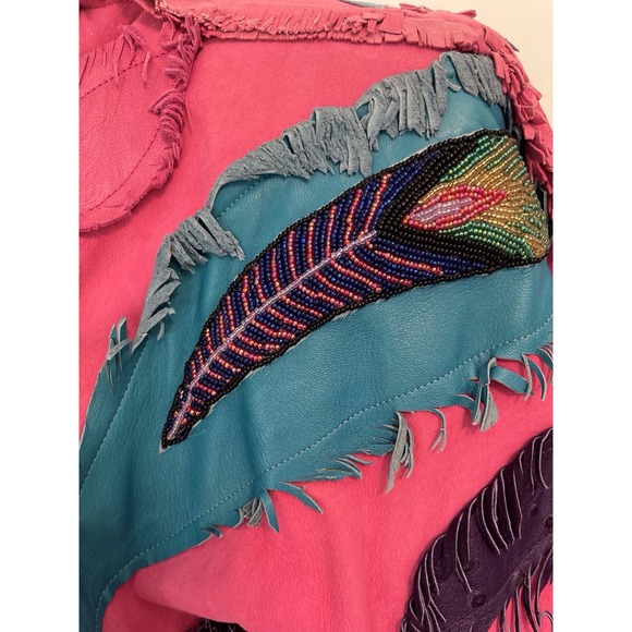 Vintage Coat Womens XL Laise Adzer Pink Leather Feather Fringe Maxi Vest Duster - Picture 6 of 16